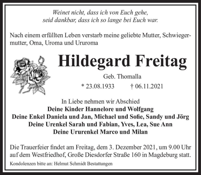  Traueranzeige für Hildegard Freitag (geb. Thomalla)  vom 20.11.2021 aus Magdeburger Volksstimme
