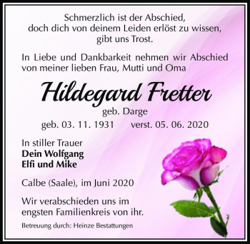 Traueranzeige von Hildegard Fretter (geb. Darge)  von Magdeburger Volksstimme