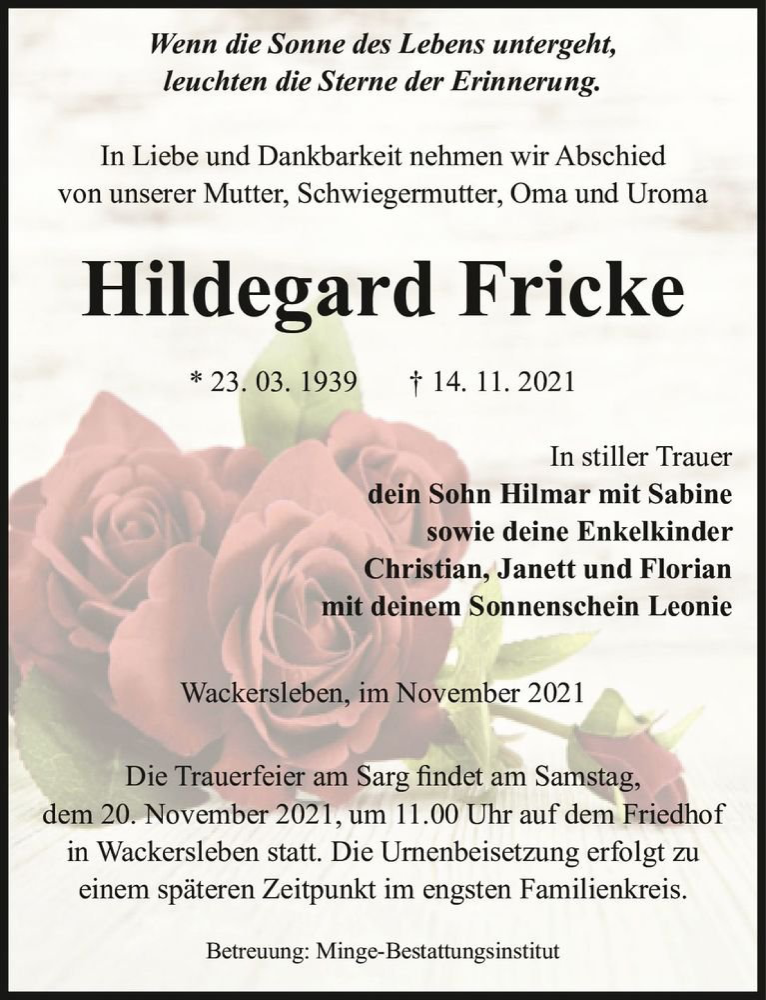  Traueranzeige für Hildegard Fricke  vom 17.11.2021 aus Magdeburger Volksstimme
