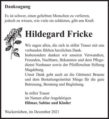 Traueranzeige von Hildegard Fricke  von Magdeburger Volksstimme