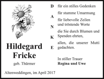 Traueranzeige von Hildegard Fricke (geb. Thürmer)  von Magdeburger Volksstimme