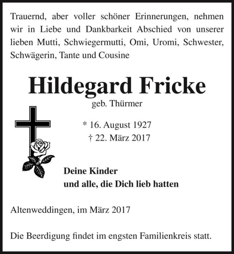  Traueranzeige für Hildegard Fricke (geb. Thürmer)  vom 25.03.2017 aus Magdeburger Volksstimme