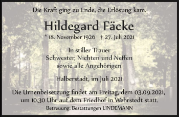 Traueranzeige von Hildegard Fäcke  von Magdeburger Volksstimme