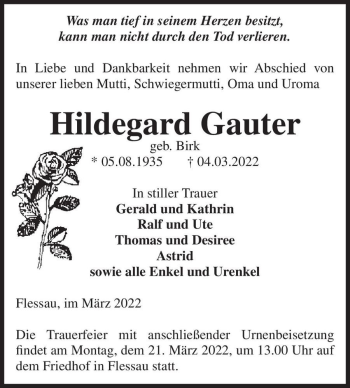 Traueranzeige von Hildegard Gauter (geb. Birk)  von Magdeburger Volksstimme