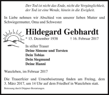 Traueranzeige von Hildegard Gebhardt  von Magdeburger Volksstimme