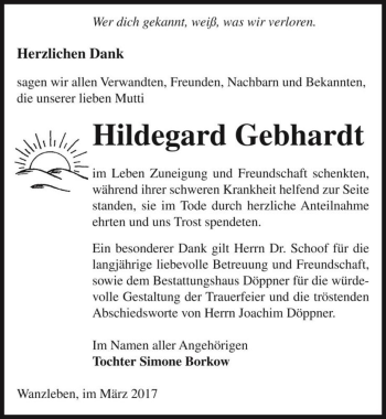 Traueranzeige von Hildegard Gebhardt  von Magdeburger Volksstimme