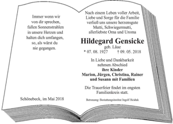 Traueranzeige von Hildegard Gensicke (geb. Läue)  von Magdeburger Volksstimme