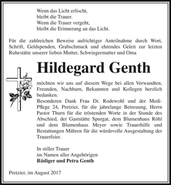 Traueranzeige von Hildegard Genth  von Magdeburger Volksstimme