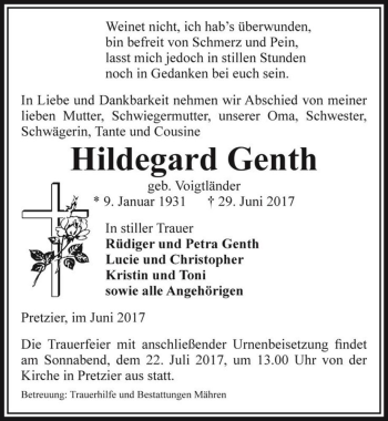 Traueranzeige von Hildegard Genth (geb. Voigtländer)  von Magdeburger Volksstimme