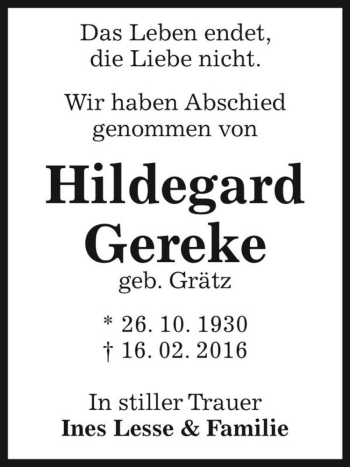 Traueranzeige von Hildegard Gereke (geb. Grätz)  von Magdeburger Volksstimme