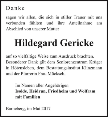 Traueranzeige von Hildegard Gericke  von Magdeburger Volksstimme