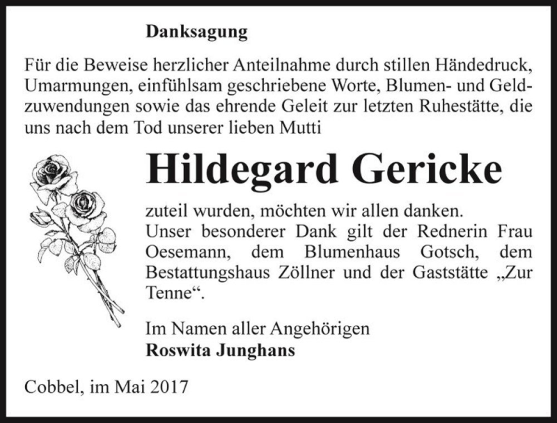  Traueranzeige für Hildegard Gericke  vom 27.05.2017 aus Magdeburger Volksstimme