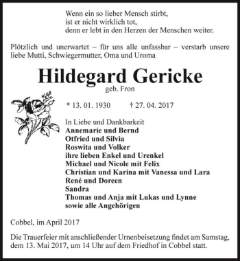 Traueranzeige von Hildegard Gericke (geb. Fron)  von Magdeburger Volksstimme