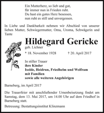 Traueranzeige von Hildegard Gericke (geb. Lichner)  von Magdeburger Volksstimme