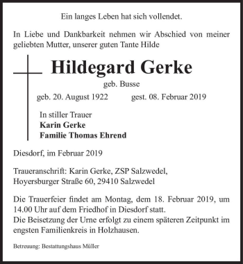 Traueranzeige von Hildegard Gerke (geb. Busse)  von Magdeburger Volksstimme