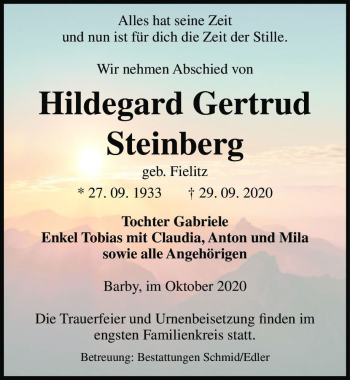Traueranzeige von Hildegard Gertrud Steinberg (geb. Fielitz)  von Magdeburger Volksstimme