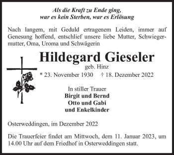 Traueranzeige von Hildegard Gieseler (geb. Hinz)  von Magdeburger Volksstimme