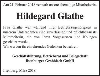 Traueranzeige von Hildegard Glathe  von Magdeburger Volksstimme