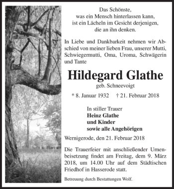 Traueranzeige von Hildegard Glathe (geb. Schneevoigt)  von Magdeburger Volksstimme