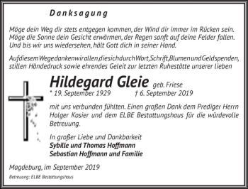 Traueranzeige von Hildegard Gleie (geb. Friese)  von Magdeburger Volksstimme