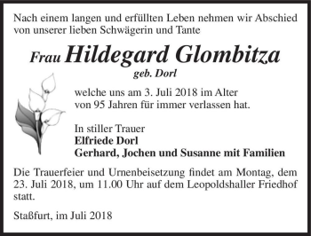 Traueranzeige von Hildegard Glombitza (geb. Dorl)  von Magdeburger Volksstimme