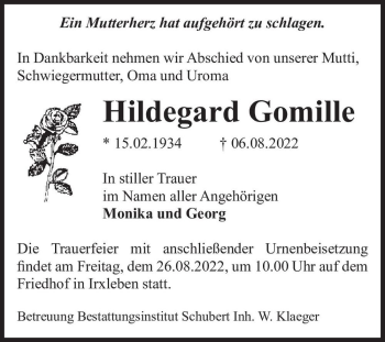 Traueranzeige von Hildegard Gomille  von Magdeburger Volksstimme