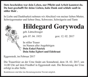 Traueranzeige von Hildegard Gorywoda (geb. Lüttschwager)  von Magdeburger Volksstimme
