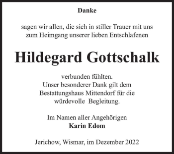 Traueranzeige von Hildegard Gottschalk  von Magdeburger Volksstimme