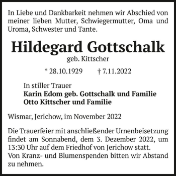 Traueranzeige von Hildegard Gottschalk (geb. Kittscher)  von Magdeburger Volksstimme