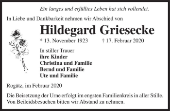 Traueranzeige von Hildegard Griesecke  von Magdeburger Volksstimme