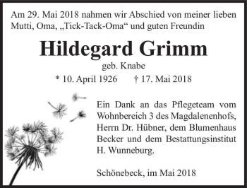 Traueranzeige von Hildegard Grimm (geb. Knabe)  von Magdeburger Volksstimme