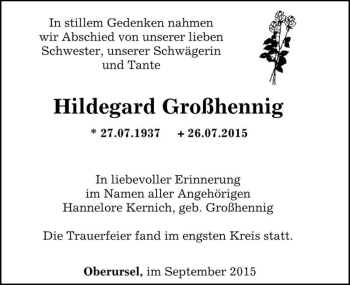 Traueranzeige von Hildegard Großhennig  von Magdeburger Volksstimme