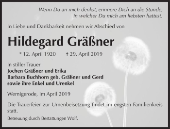 Traueranzeige von Hildegard Gräßner  von Magdeburger Volksstimme