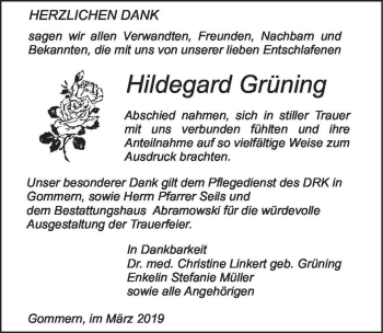 Traueranzeige von Hildegard Grüning  von Magdeburger Volksstimme