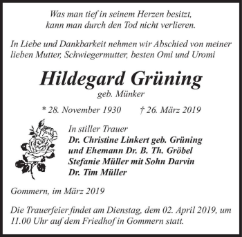 Traueranzeige von Hildegard Grüning (geb. Münker)  von Magdeburger Volksstimme