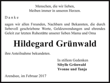 Traueranzeige von Hildegard Grünwald  von Magdeburger Volksstimme