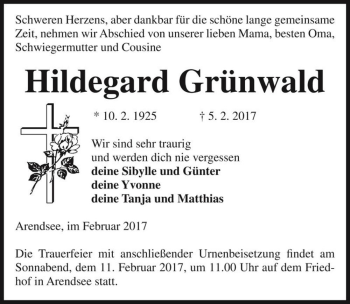 Traueranzeige von Hildegard Grünwald  von Magdeburger Volksstimme