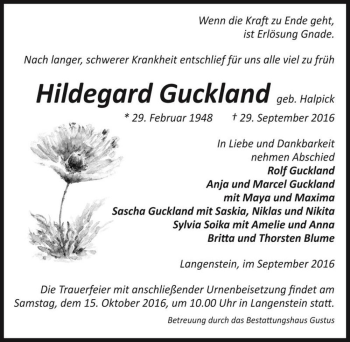Traueranzeige von Hildegard Guckland (geb. Halpick)  von Magdeburger Volksstimme