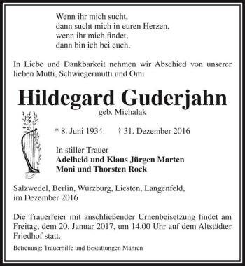 Traueranzeige von Hildegard Guderjahn (geb. Michalak)  von Magdeburger Volksstimme