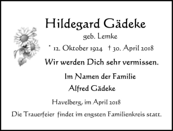 Traueranzeige von Hildegard Gädeke (geb. Lemke)  von Magdeburger Volksstimme