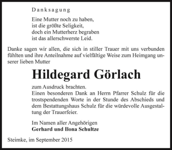 Traueranzeige von Hildegard Görlach  von Magdeburger Volksstimme