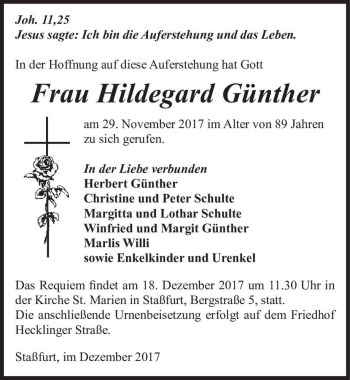Traueranzeige von Hildegard Günther  von Magdeburger Volksstimme