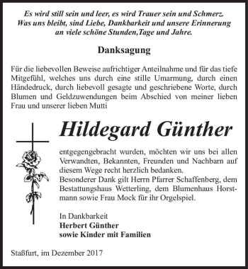 Traueranzeige von Hildegard Günther  von Magdeburger Volksstimme