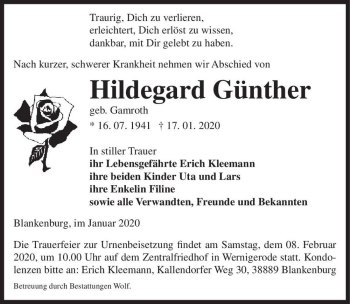 Traueranzeige von Hildegard Günther (geb. Gamroth)  von Magdeburger Volksstimme