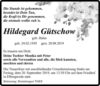 Traueranzeige von Hildegard Gütschow (geb. Halm)  von Magdeburger Volksstimme