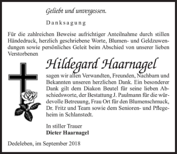 Traueranzeige von Hildegard Haarnagel  von Magdeburger Volksstimme