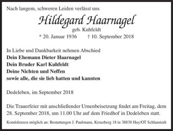 Traueranzeige von Hildegard Haarnagel (geb. Kuhfeldt)  von Magdeburger Volksstimme