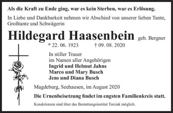 Traueranzeige von Hildegard Haasenbein (geb. Bergner)  von Magdeburger Volksstimme