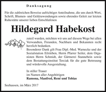 Traueranzeige von Hildegard Habekost  von Magdeburger Volksstimme