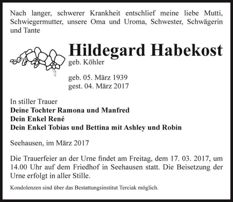  Traueranzeige für Hildegard Habekost (geb. Köhler)  vom 11.03.2017 aus Magdeburger Volksstimme